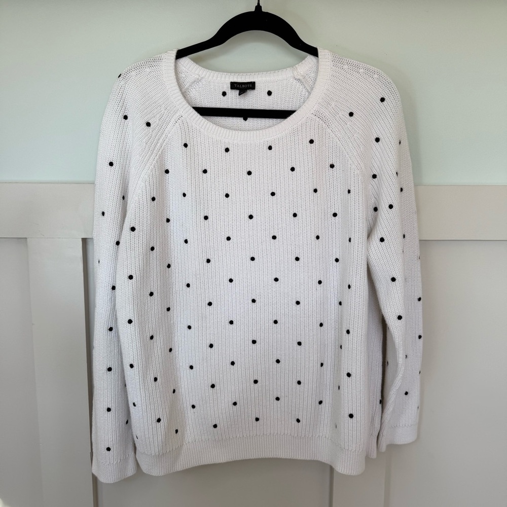 Talbots Pima Cotton Ribbed Sweater XL White Black Polka Dot Timeless clean girl‎